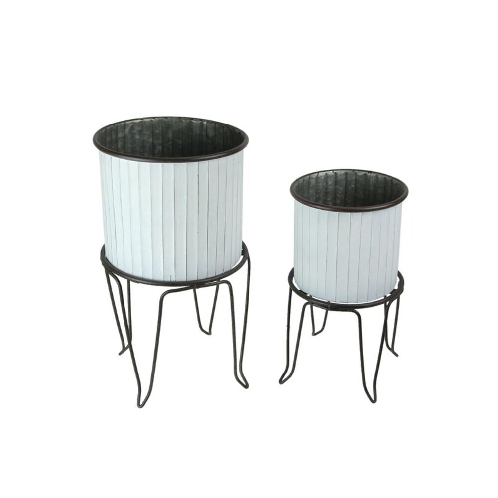 Set of 2 White / Charcoal Round Metal Tub Planters On Stands